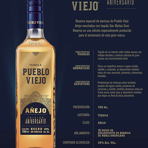 Tequila Pueblo Viejo Añejo Aniversario 750 ml